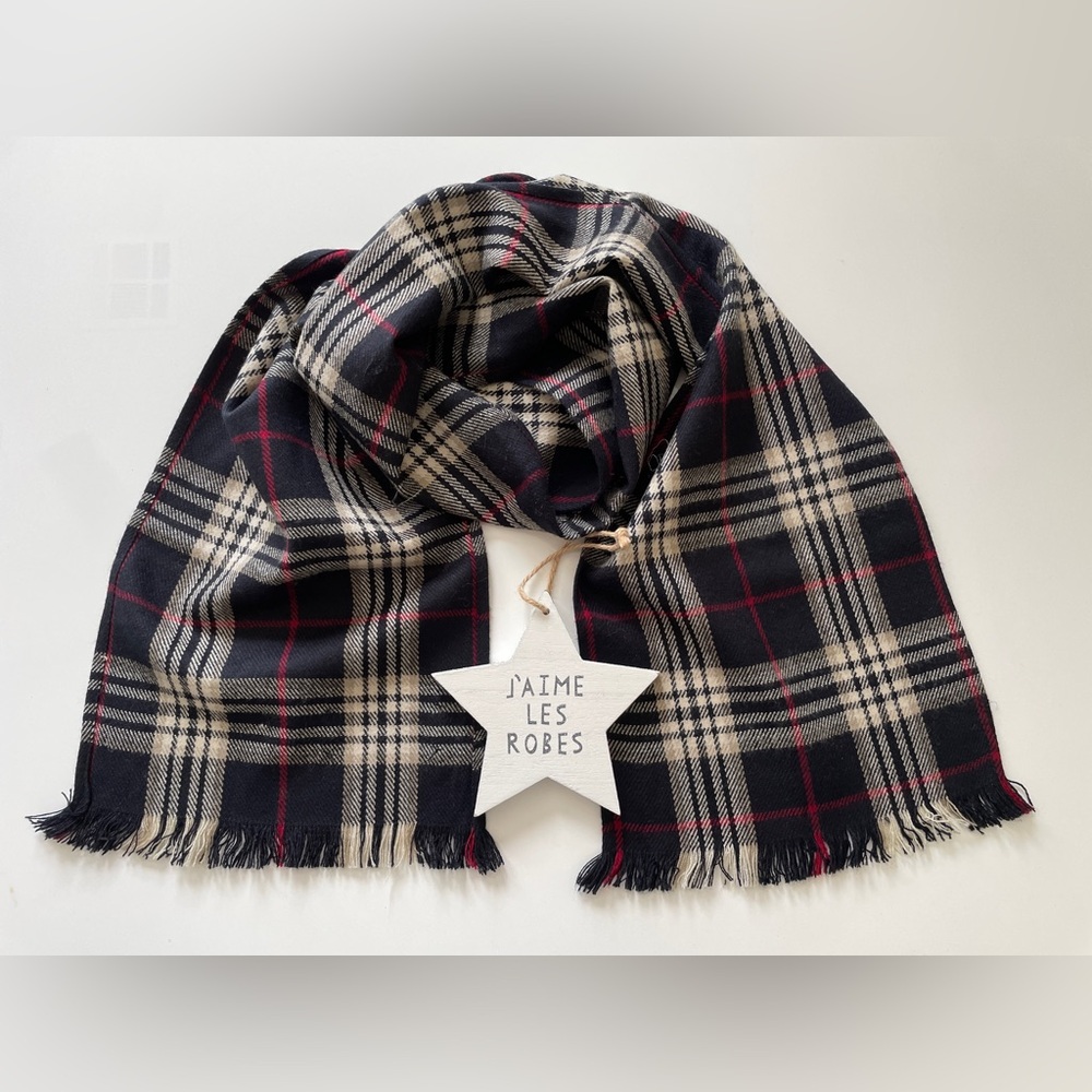 Men’s Deep Blue, Cream, and Red Plaid Scarf - NWOT